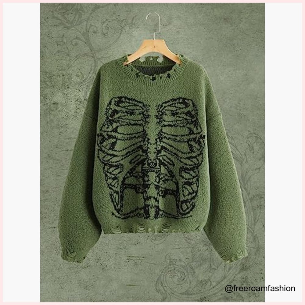 Oversized Skeleton Pattern Pullover Sweater, Long… - image 3